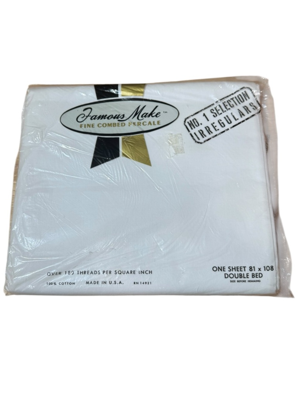 Vintage Famous Make Percale Sheet Double 81x108 White NOS USA Cotton Irregular